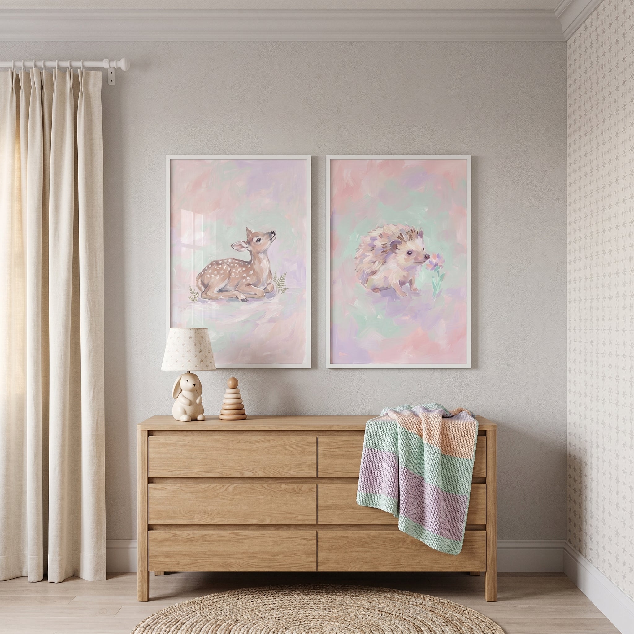 Soft Pastel Woodland Animal Wall Art Set of 2 - Pastel Forest Friends