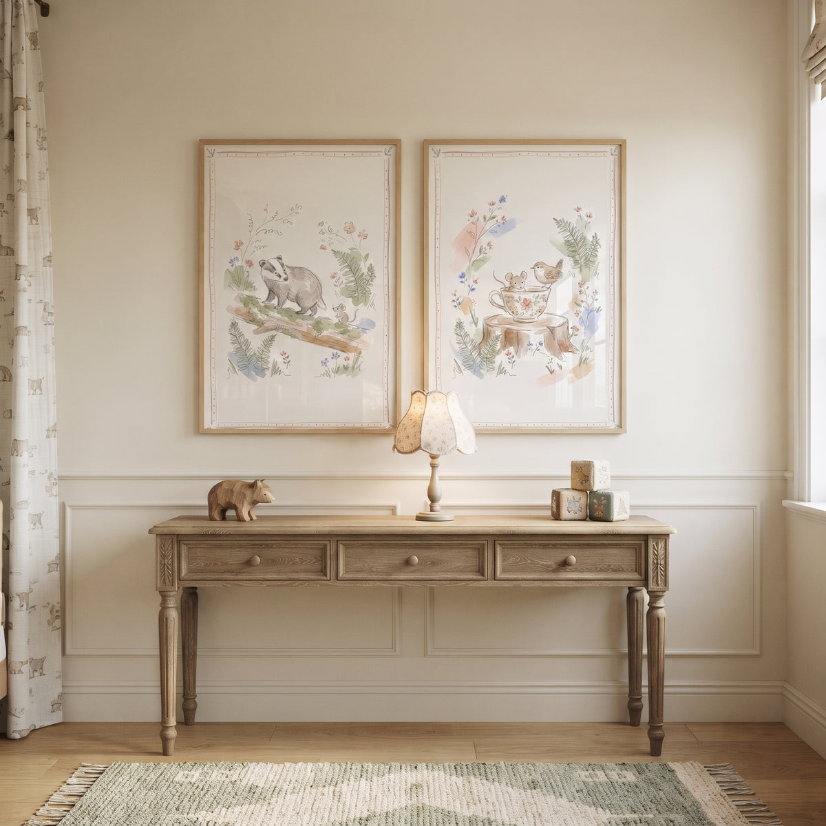 Soft Pastel Woodland Animal Wall Art Set of 2 - Soft Woodland Scenes
