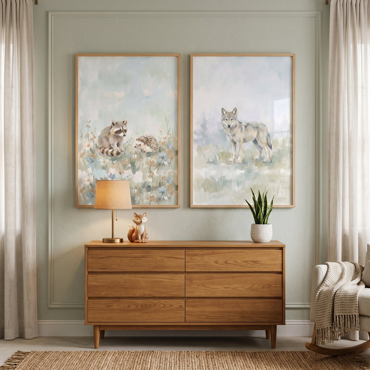 Soft Pastel Woodland Animals Wall Art Set of 2 - Soft Woodland Wildlife