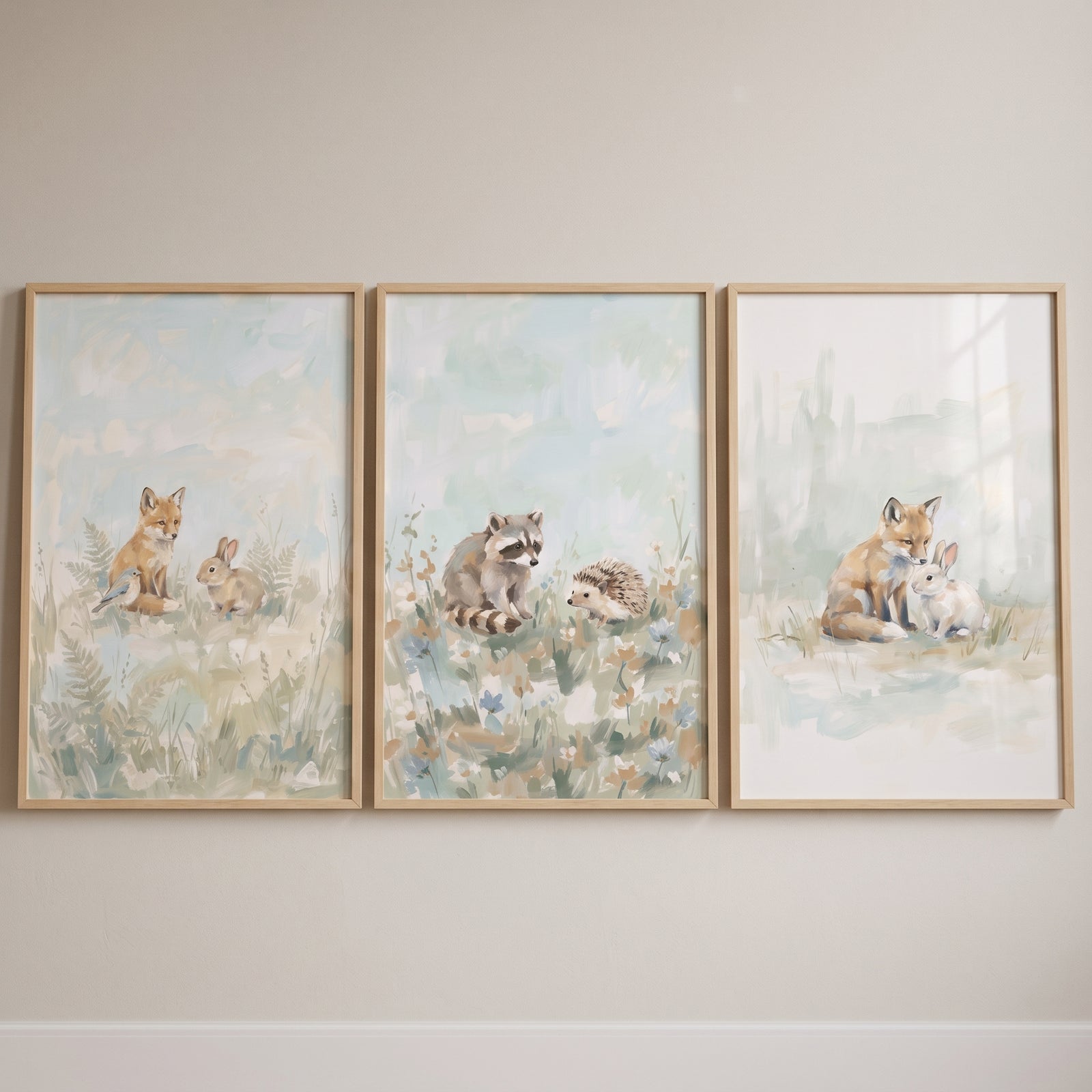 Soft pastel woodland animals wall art set of 3 with foxes, rabbits, a raccoon, and a hedgehog in light wood frames.