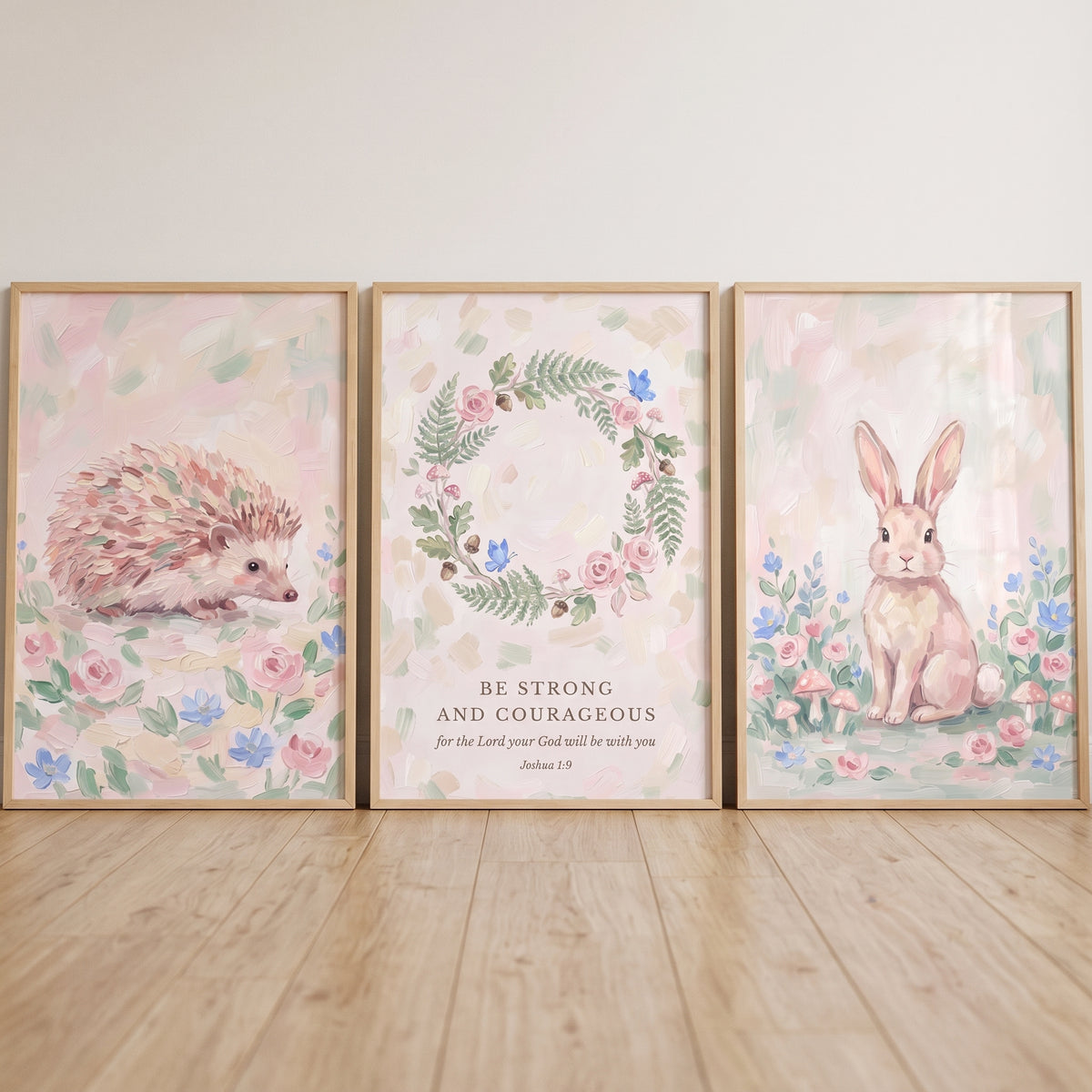 Soft Pastel Bible Woodland Animals Wall Art Set of 3 - Courageous Forest Verse