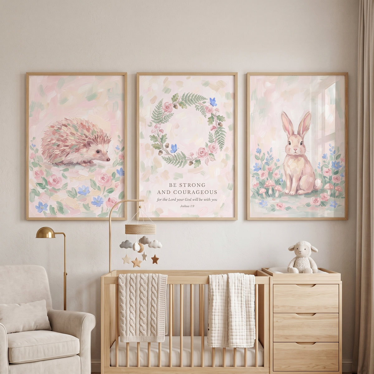 Soft Pastel Bible Woodland Animals Wall Art Set of 3 - Courageous Forest Verse