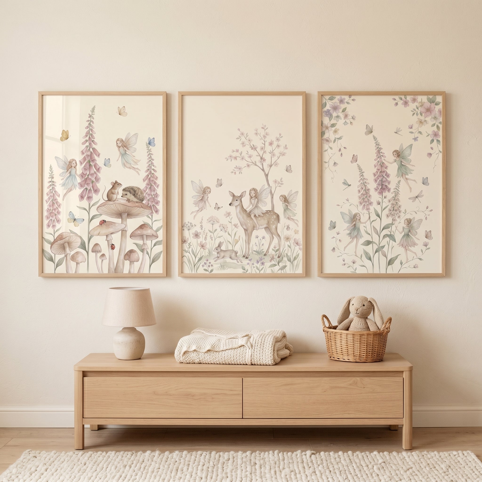 Soft Pastel Woodland Fairies Wall Art Set of 3 - Enchanted Woodland Sprites