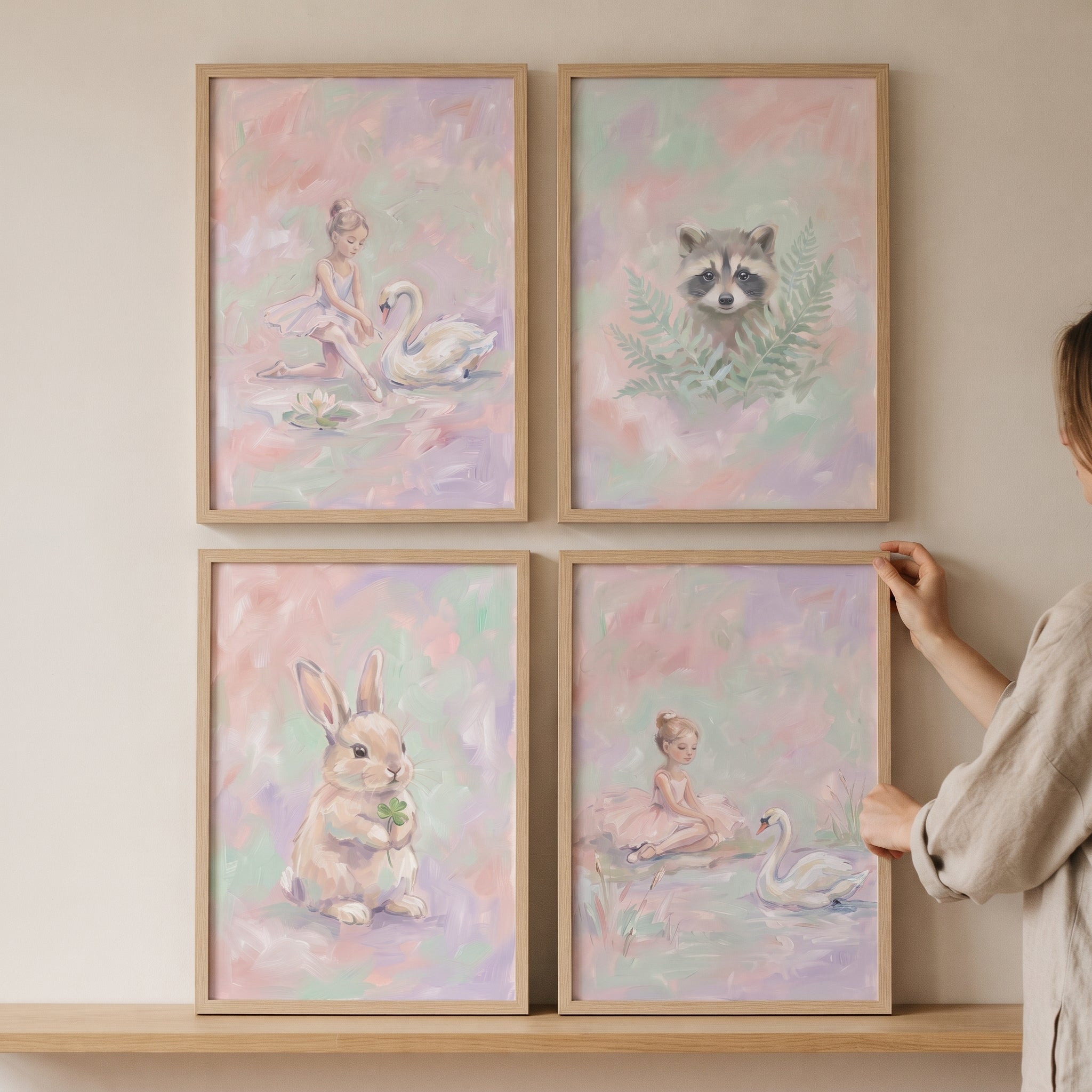 Soft Pastel Woodland Girls Room Wall Art Set of 4 - Pastel Meadow Friends