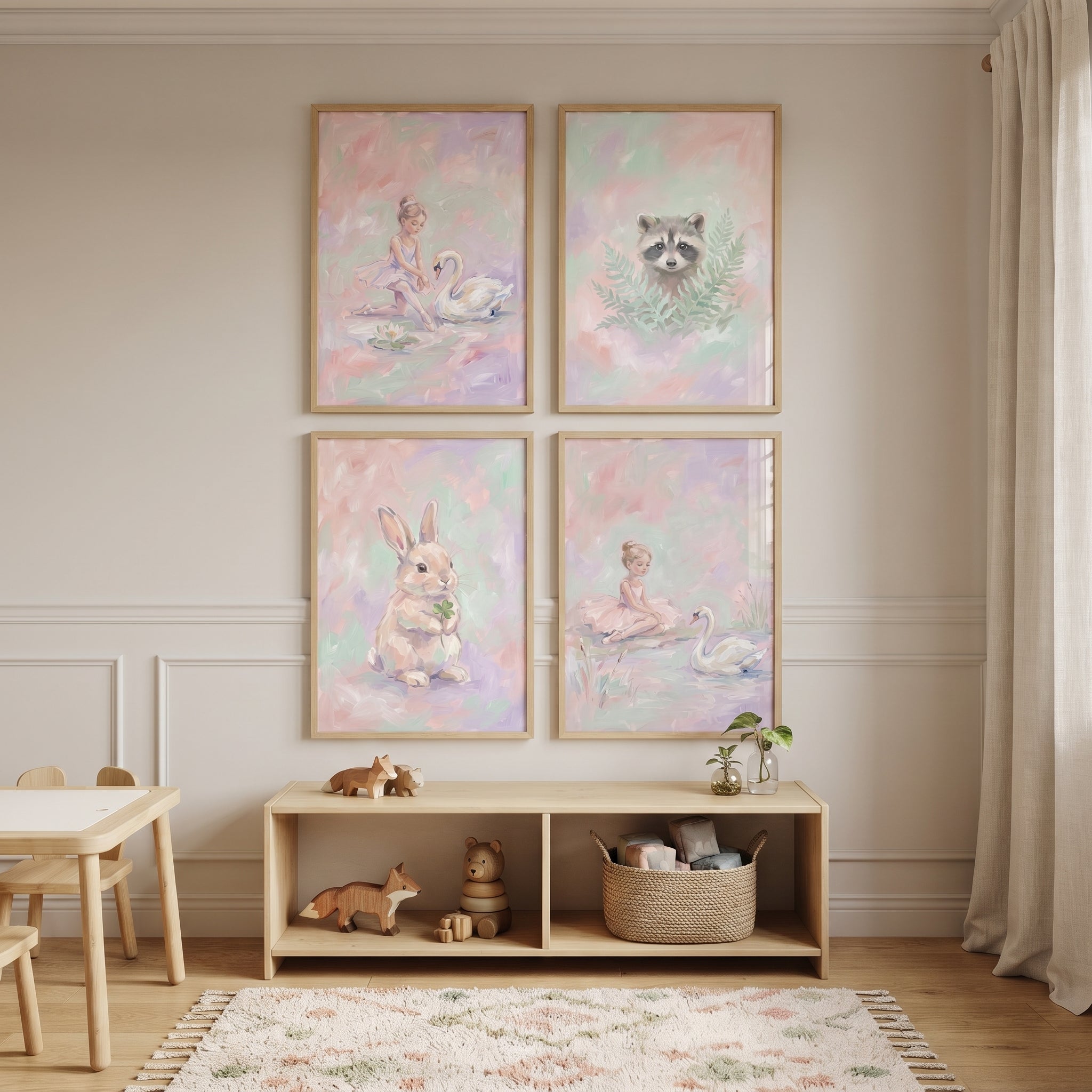 Soft Pastel Woodland Girls Room Wall Art Set of 4 - Pastel Meadow Friends