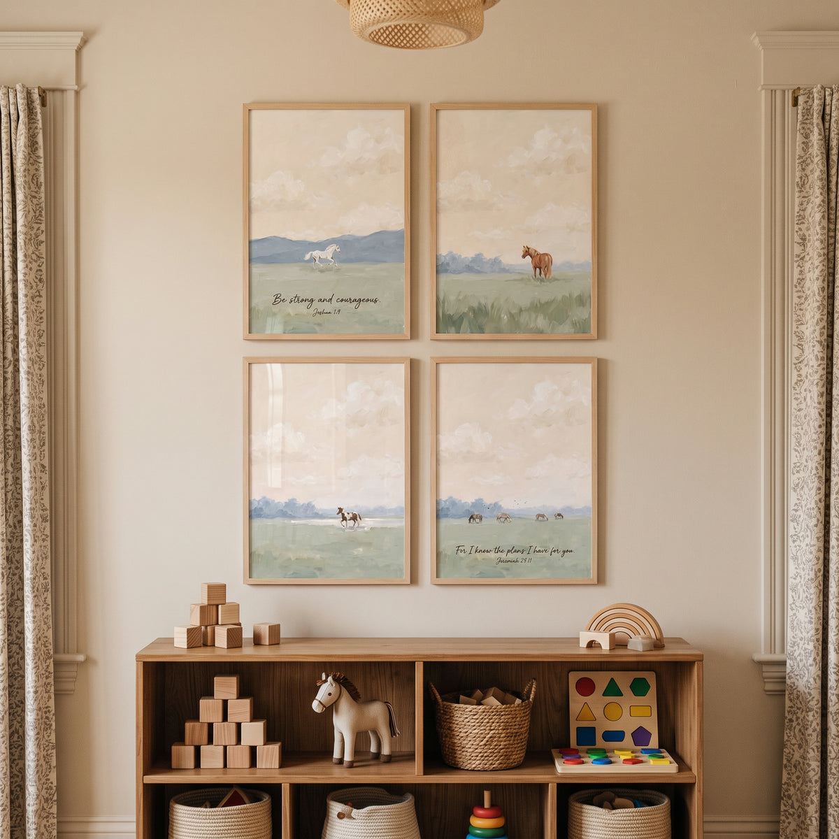 Soft Pastoral Landscape Horses Artwork Set of 4 - Faithful Horse Meadows