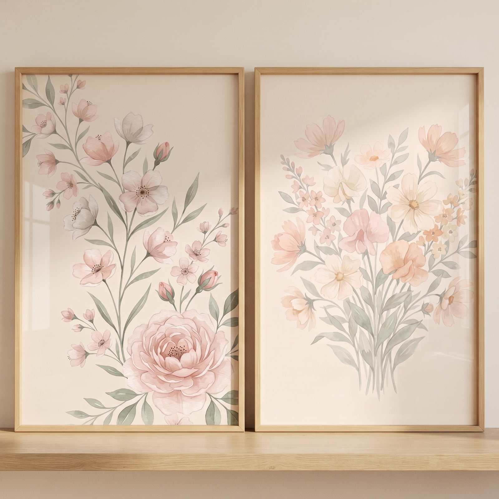 Soft peach botanical floral wall art set of 2 with delicate pink blossoms within wood frames on a light shelf.