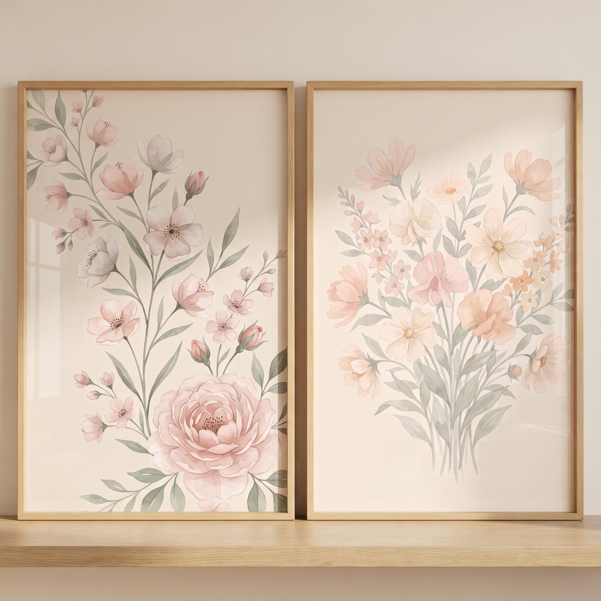 Soft Peach Botanical Floral Wall Art Set of 2 - Blush Garden Bliss