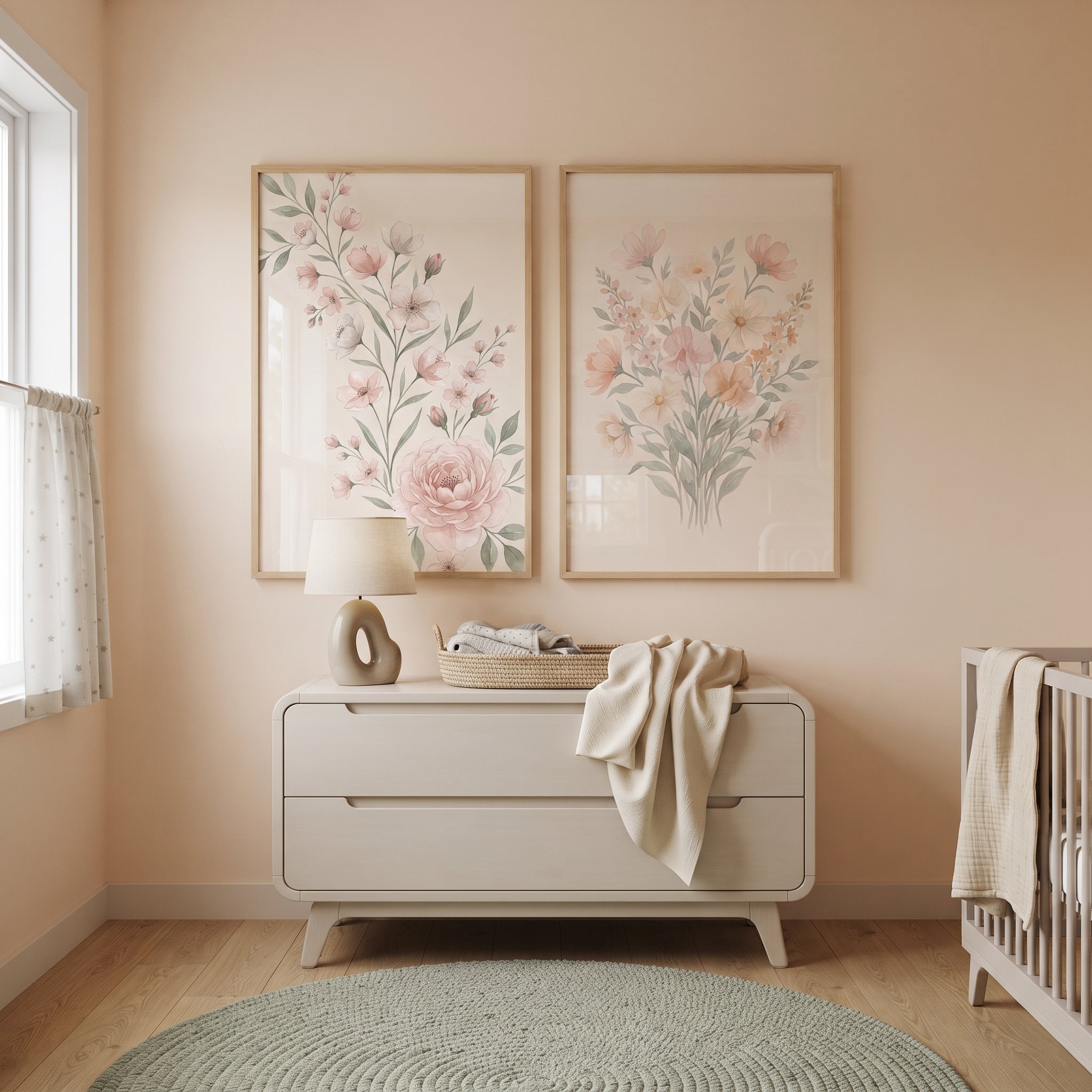 Soft Peach Botanical Floral Wall Art Set of 2 - Blush Garden Bliss