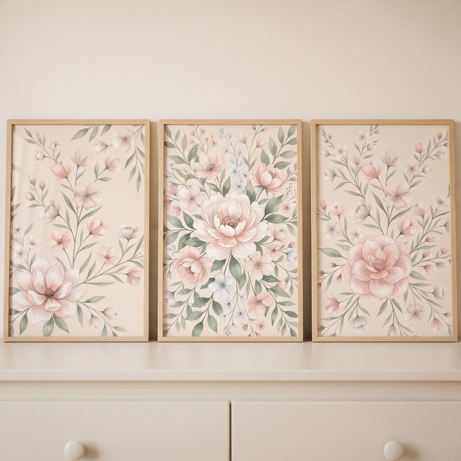 Soft peach botanical floral wall art set of 3 in light wood frames resting on a white dresser.