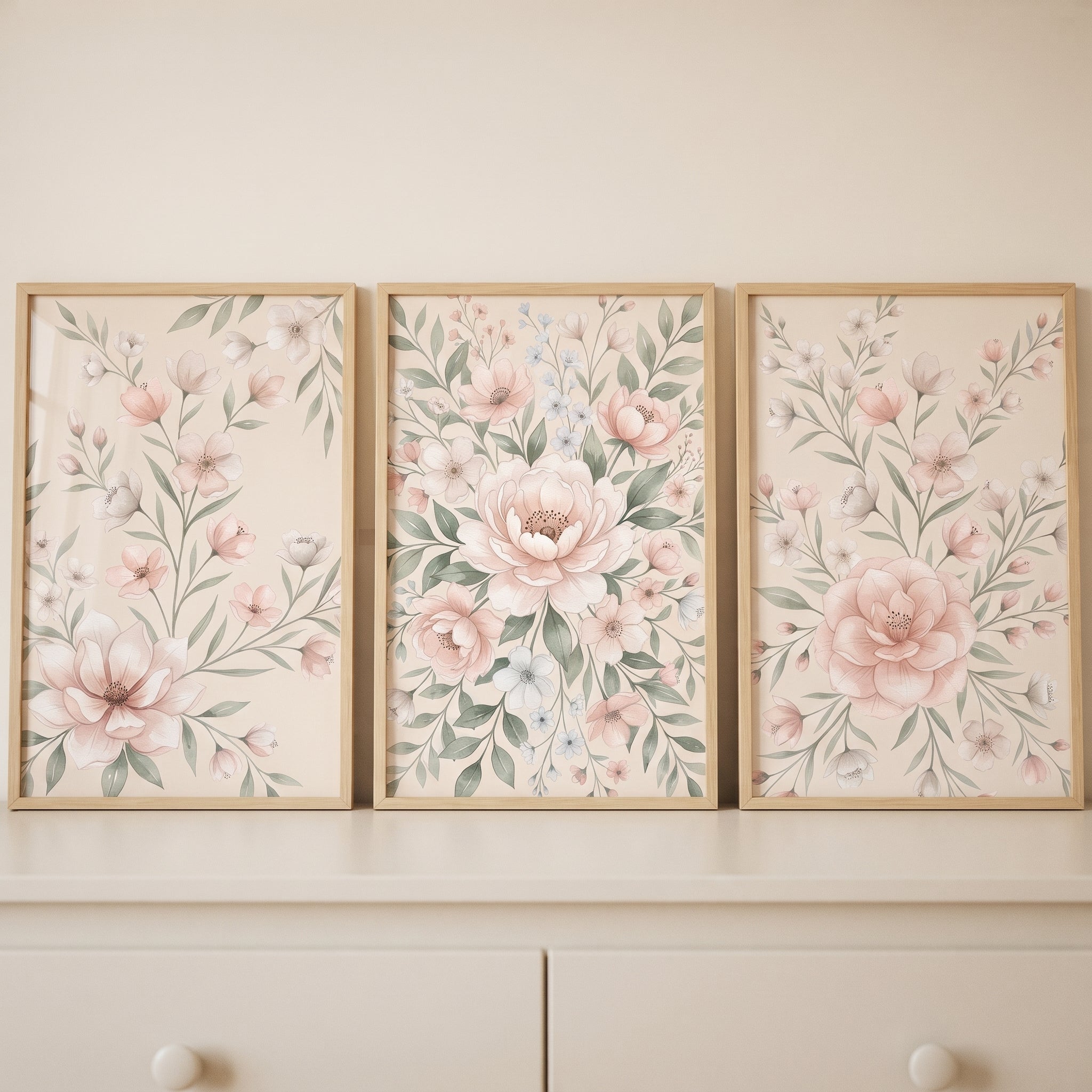 Soft Peach Botanical Floral Wall Art Set of 3 - Blushing Petal Trio