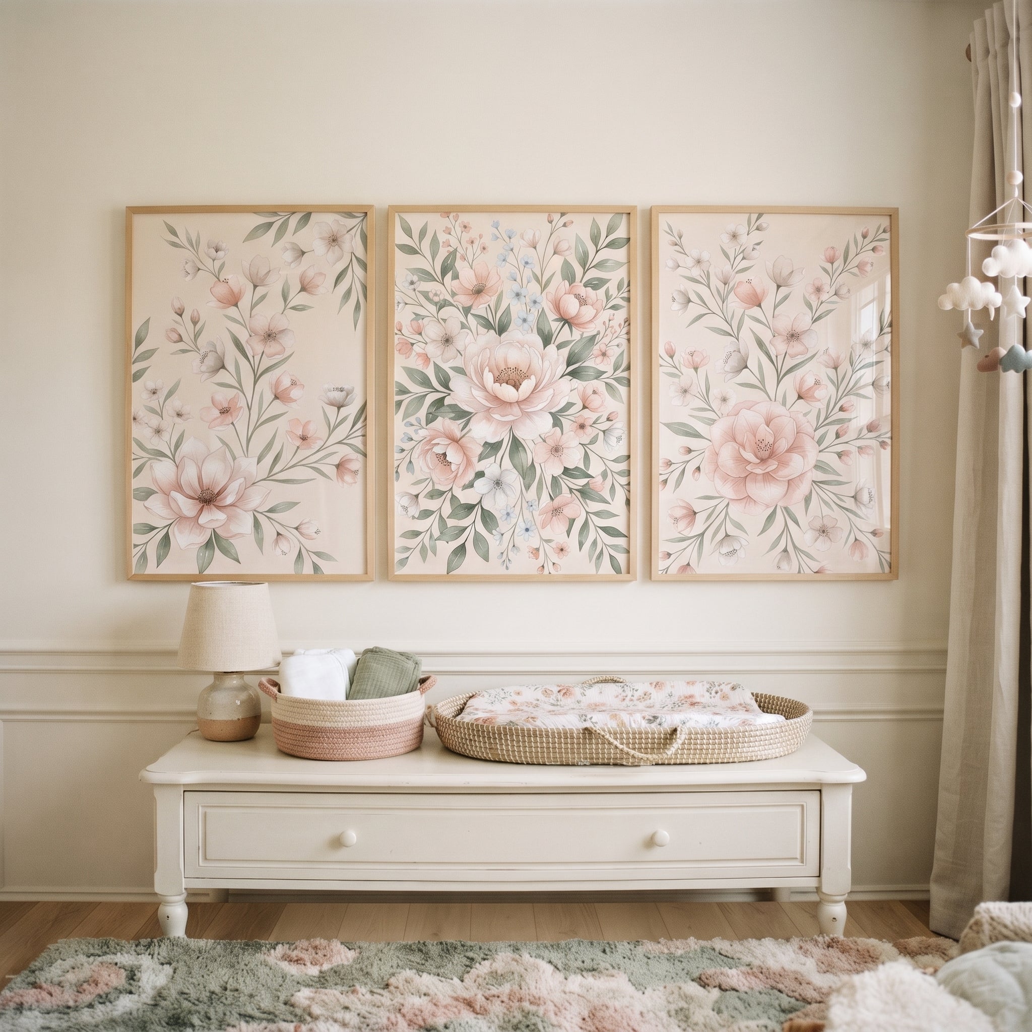 Soft Peach Botanical Floral Wall Art Set of 3 - Blushing Petal Trio