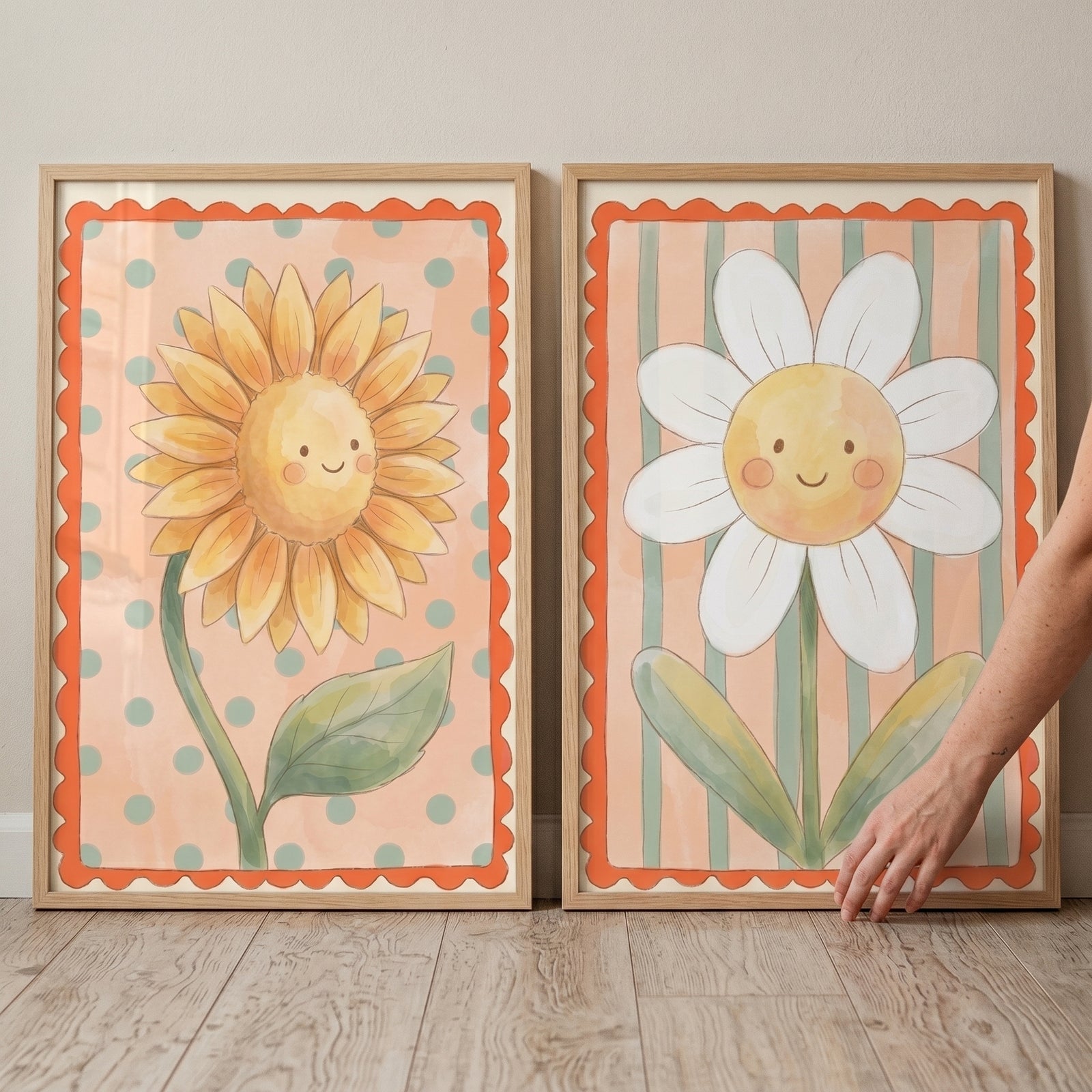 Framed sunflower and daisy illustrations on patterned backgrounds in this soft peach smiling flower wall art set of 2.