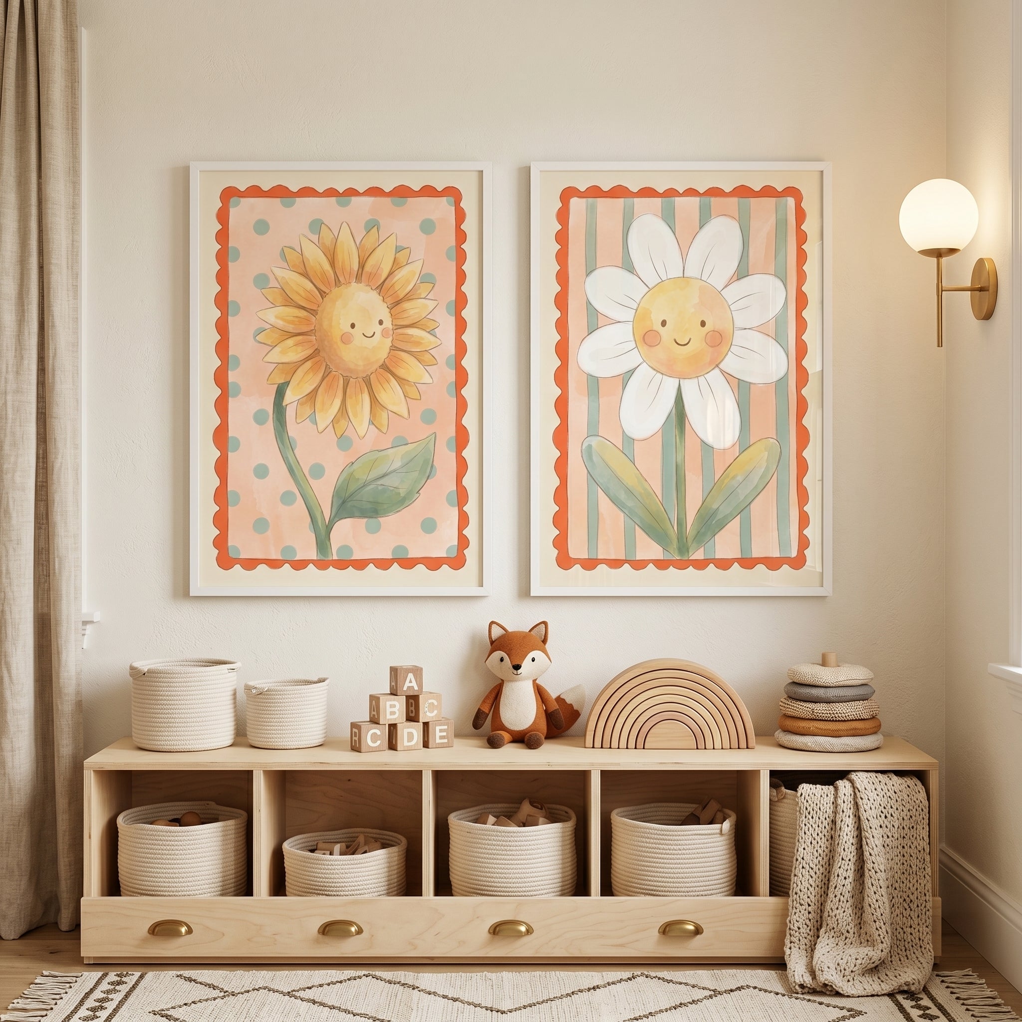 Soft Peach Smiling Flower Wall Art Set of 2 - Smiling Floral Duo
