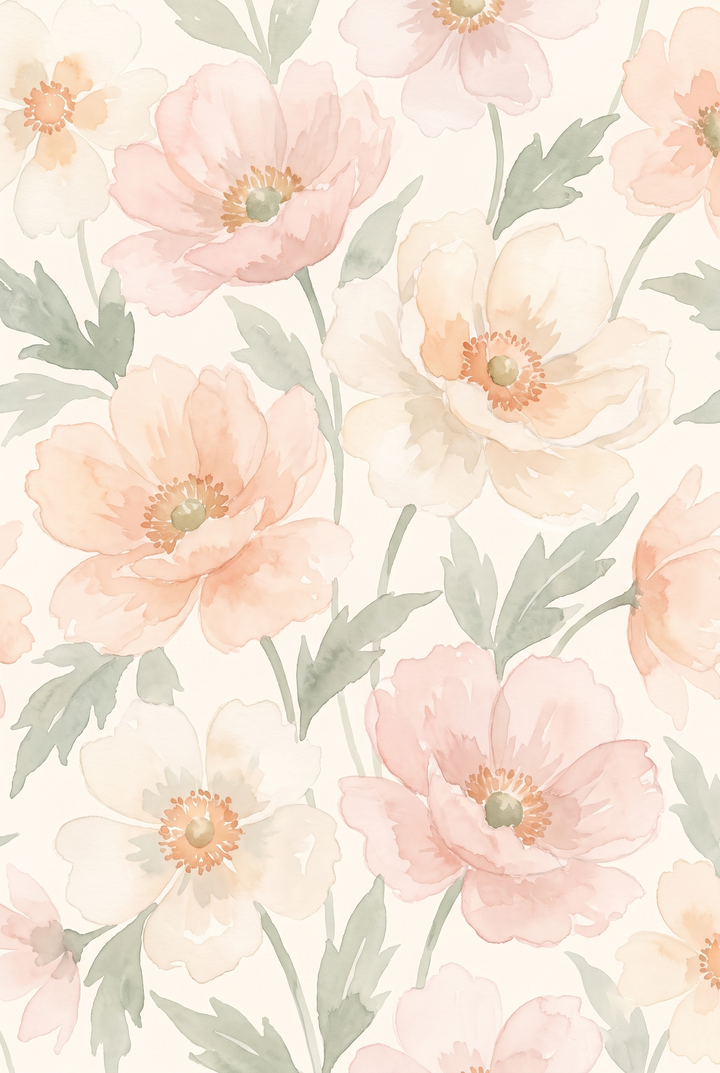 Soft peach watercolor floral wall art featuring delicate pink and cream flowers with green leaves.