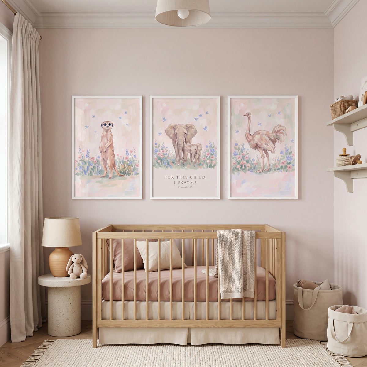 Soft Petal Safari Animals Wall Art Set Of 3 - Savannah Grace Art