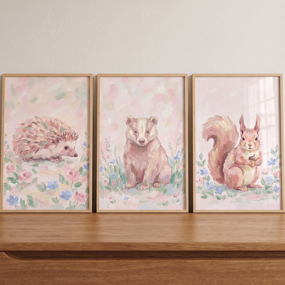 Soft petal woodland animals wall art set of 3 features a hedgehog, badger, and squirrel amongst pastel field flowers.