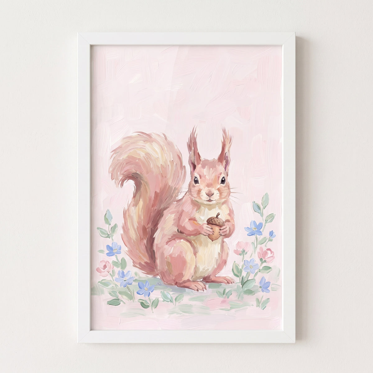 Soft Pink Acorn Squirrel Wall Art - Pastel Forest Friend