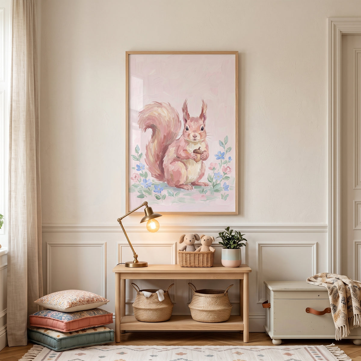 Soft Pink Acorn Squirrel Wall Art - Pastel Forest Friend