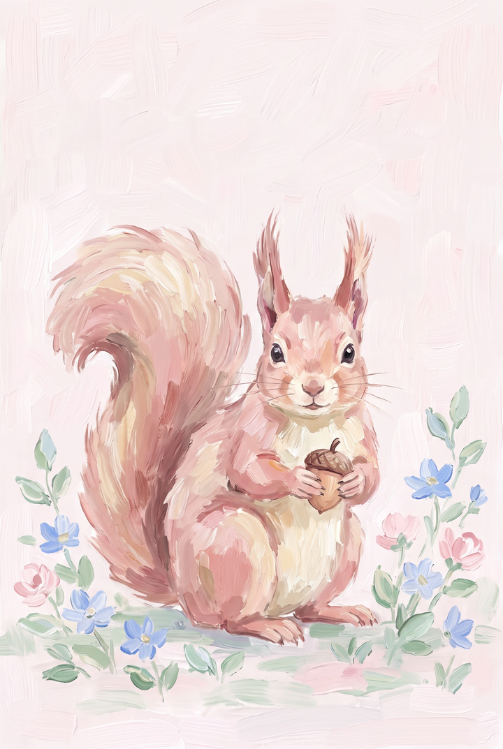A squirrel holds an acorn among blue and pink flowers in this soft pink acorn squirrel wall art.