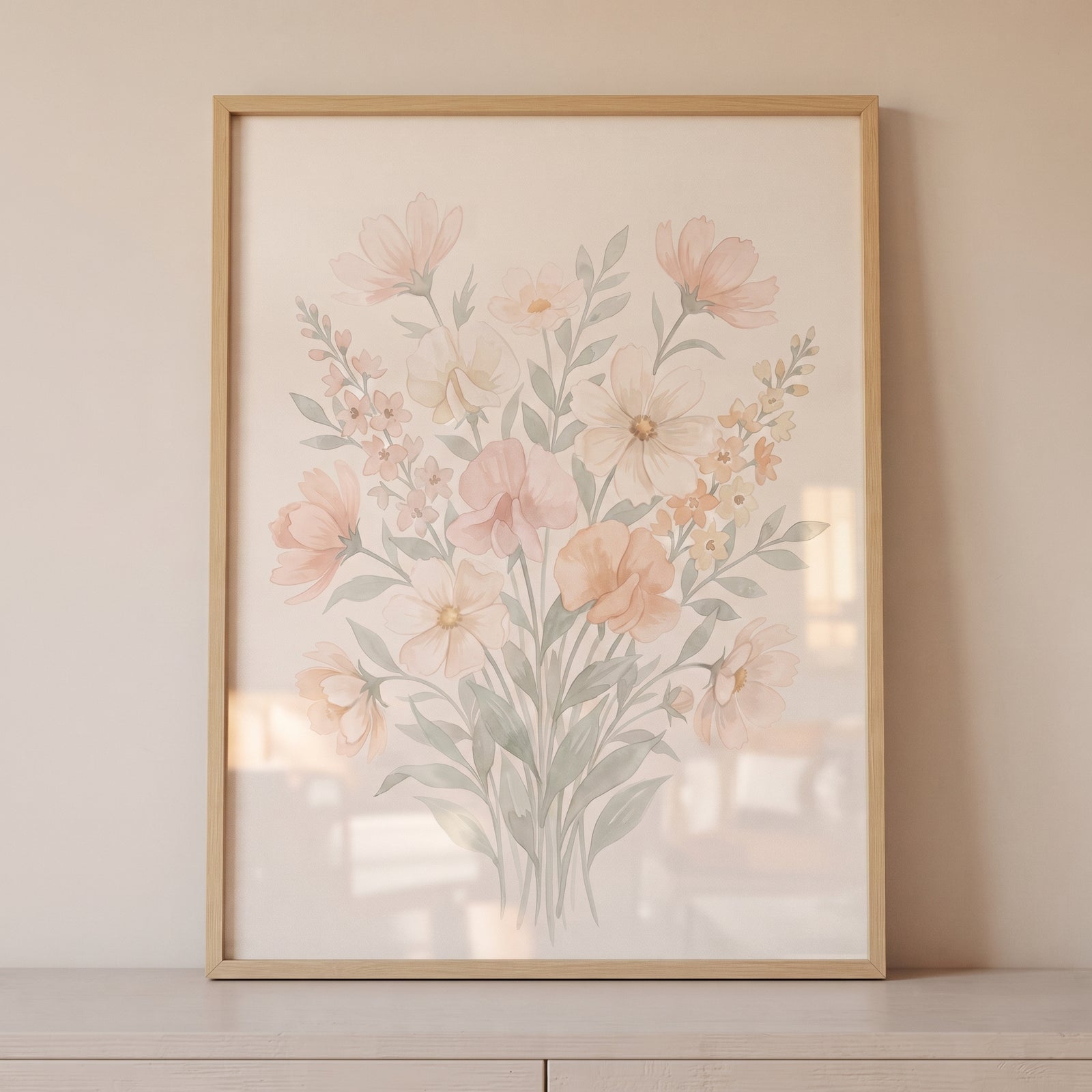 Soft pink botanical floral wall art in a light wood frame displays a bouquet of pastel blossoms on a beige surface.