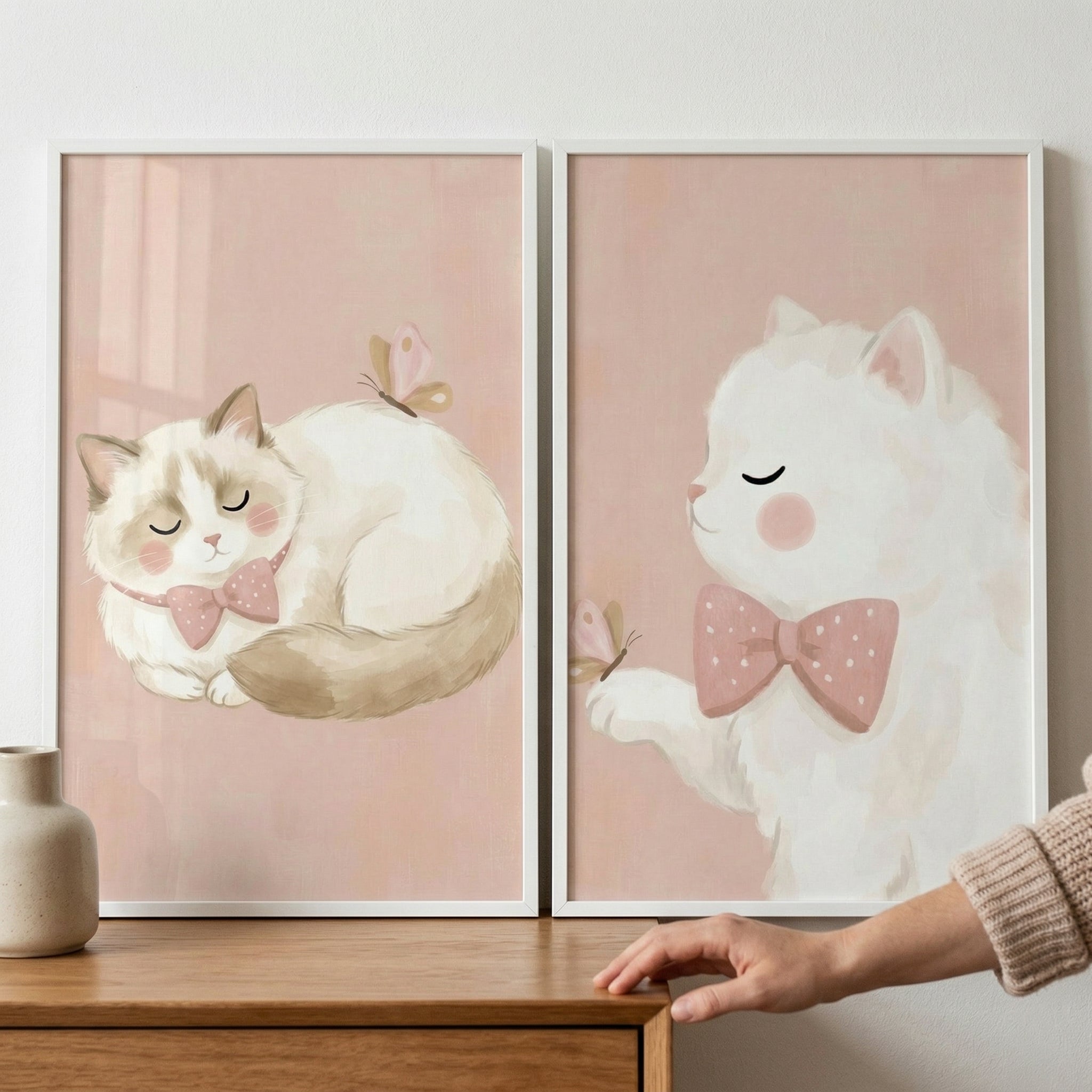 Soft Pink Bow Cat Wall Art Set of 2 - Sweet Kitty Dreams