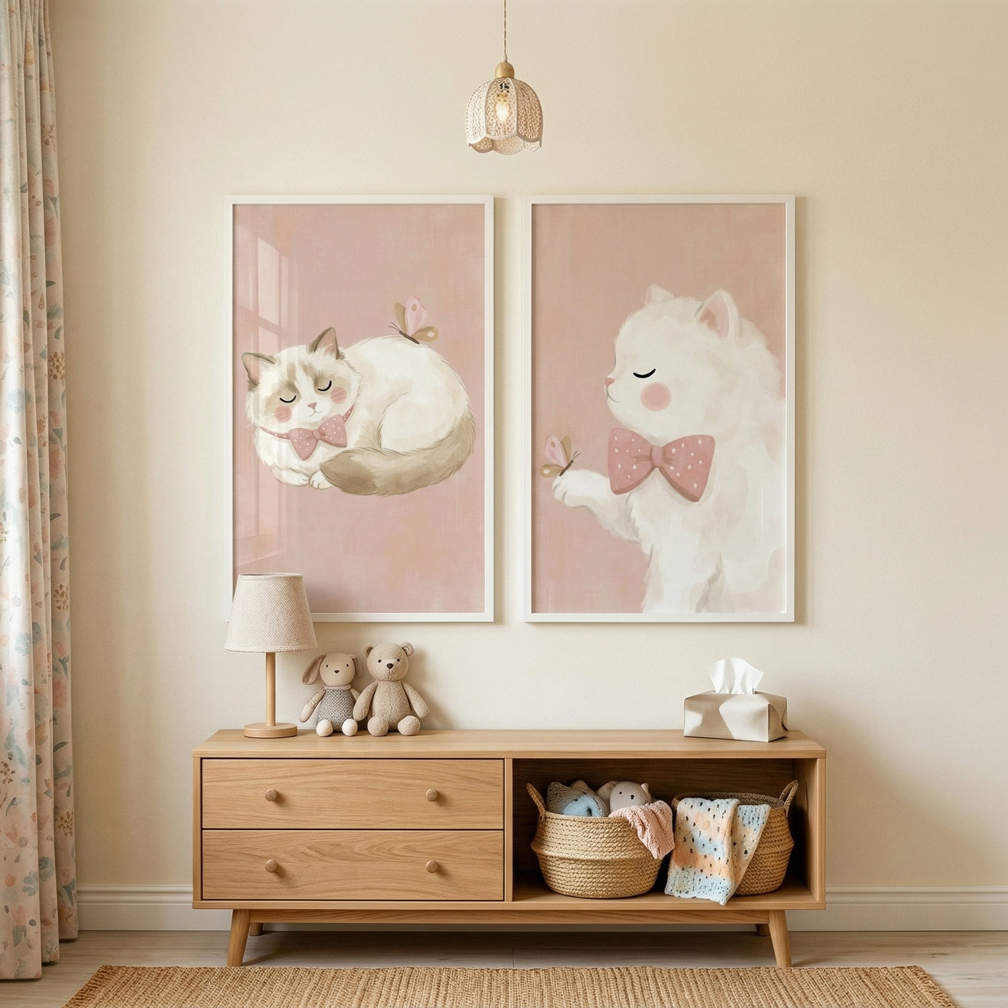 Soft Pink Bow Cat Wall Art Set of 2 - Sweet Kitty Dreams