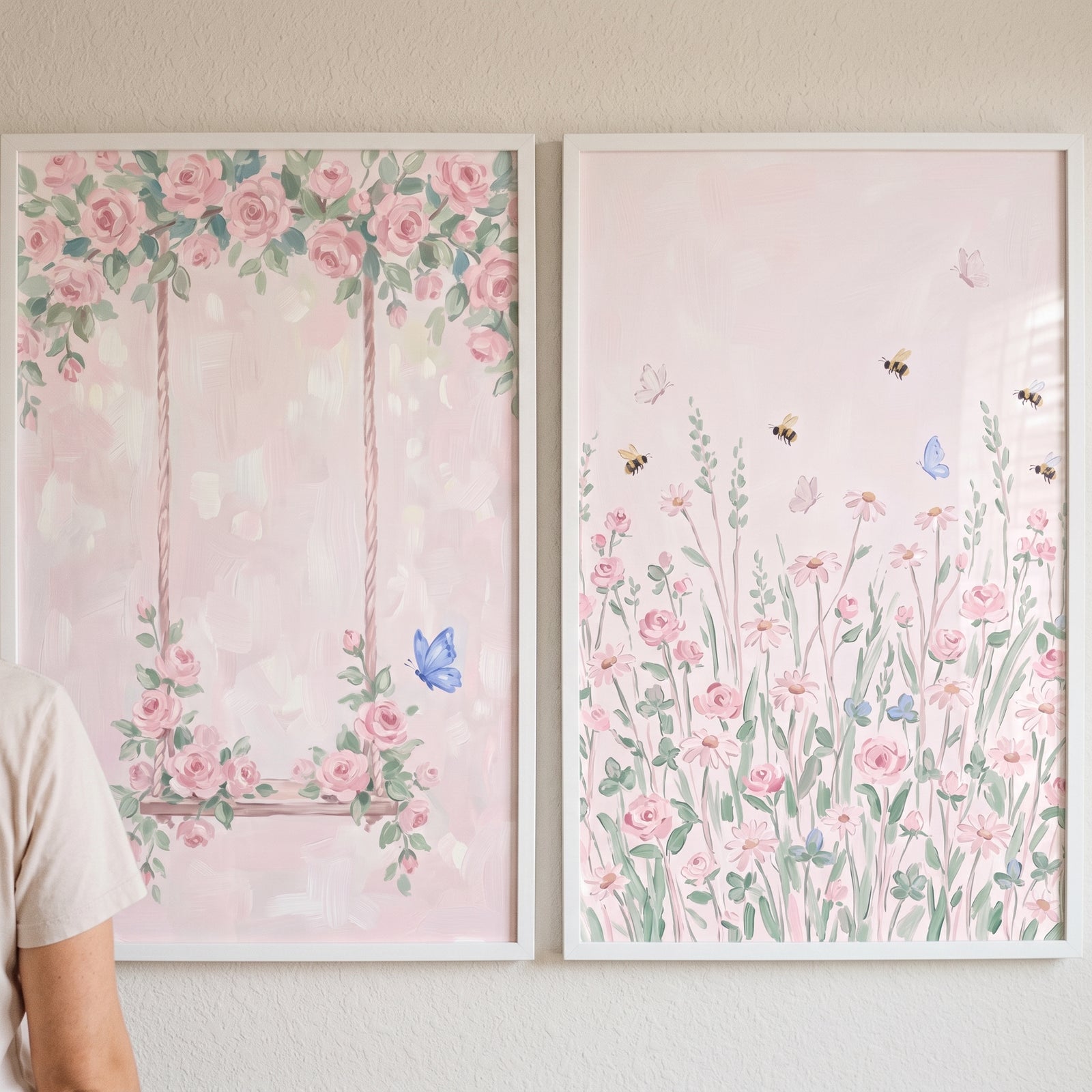 Soft pink butterfly garden wall art set of 2 featuring a floral swing and a wildflower field with bees and butterflies.