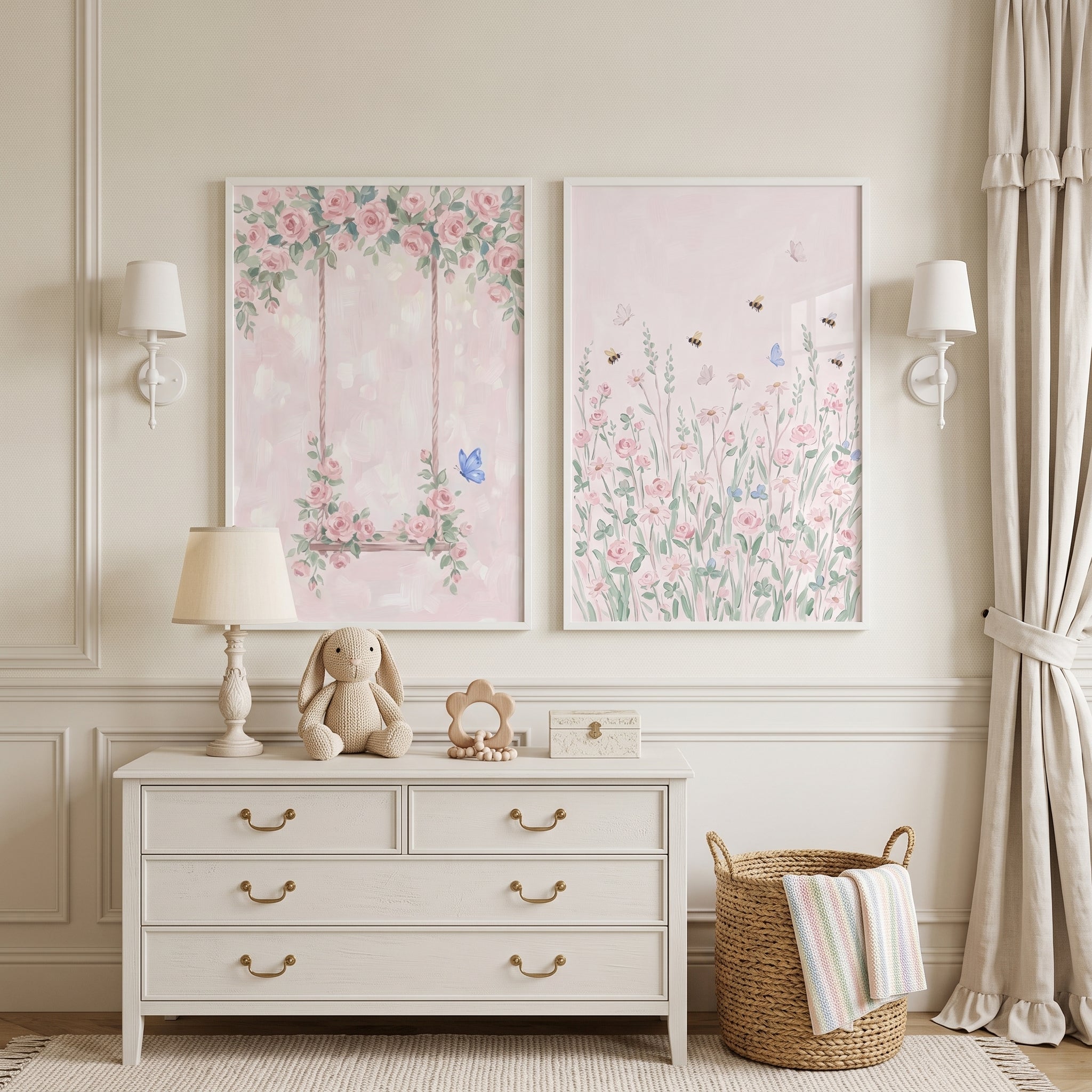 Soft Pink Butterfly Garden Wall Art Set of 2 - Pastel Blossom Meadow