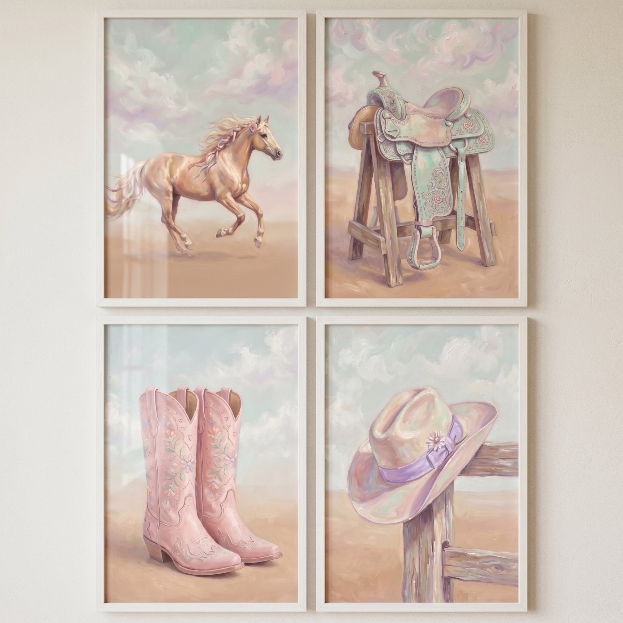 Soft Pink Cowgirl Set Wall Art Set of 4 - Pastel Ranch Dreams