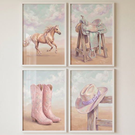Soft pink cowgirl set wall art set of 4 featuring a galloping horse, saddle, floral boots, and hat on a fence post.
