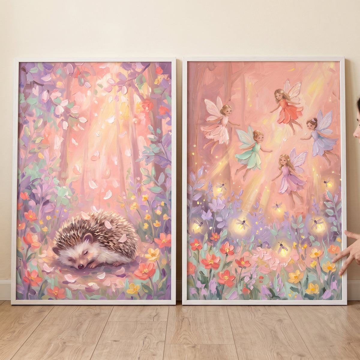 Soft pink enchanted forest wall art set of 2 featuring a sleeping hedgehog and flying fairies among colorful flowers.