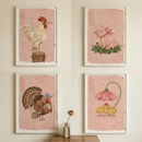 Four white-framed illustrations are arranged in a 2x2 grid on a pale wall. Each features a whimsical animal on a soft pink, speckled background. The top left shows a white rooster on a stump holding a pink flower. The top right depicts a pink piglet in clover with a checkered ribbon and a flower. The bottom left features a turkey holding a flower. The bottom right shows three yellow chicks under a large pink flower "umbrella." A small table with a vase sits below the art.