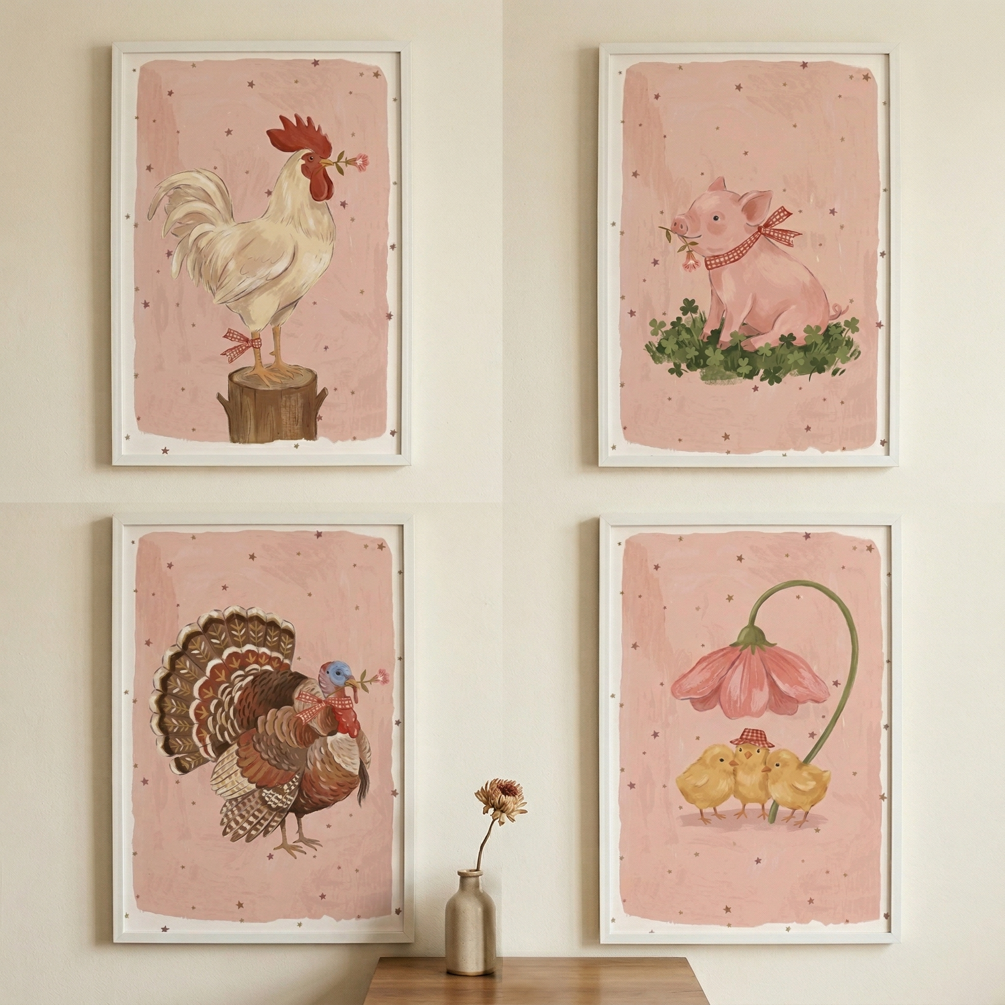 Soft Pink Farm Animal Wall Art Set of 4 - Blush Barnyard Friends