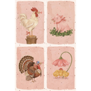 Four separate whimsical illustrations are arranged in a grid against a light pink background speckled with tiny stars. Top-left shows a white rooster on a stump holding a flower. Top-right features a pink piglet in clover with a checkered ribbon. Bottom-left depicts a turkey with fanned feathers and a checkered bow. Bottom-right shows three fluffy yellow chicks huddled under a large, drooping pink flower. The artwork has a soft, storybook style with delicate details throughout.