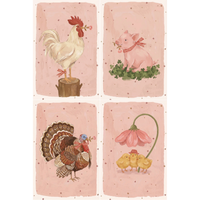 Four separate whimsical illustrations are arranged in a grid against a light pink background speckled with tiny stars. Top-left shows a white rooster on a stump holding a flower. Top-right features a pink piglet in clover with a checkered ribbon. Bottom-left depicts a turkey with fanned feathers and a checkered bow. Bottom-right shows three fluffy yellow chicks huddled under a large, drooping pink flower. The artwork has a soft, storybook style with delicate details throughout.