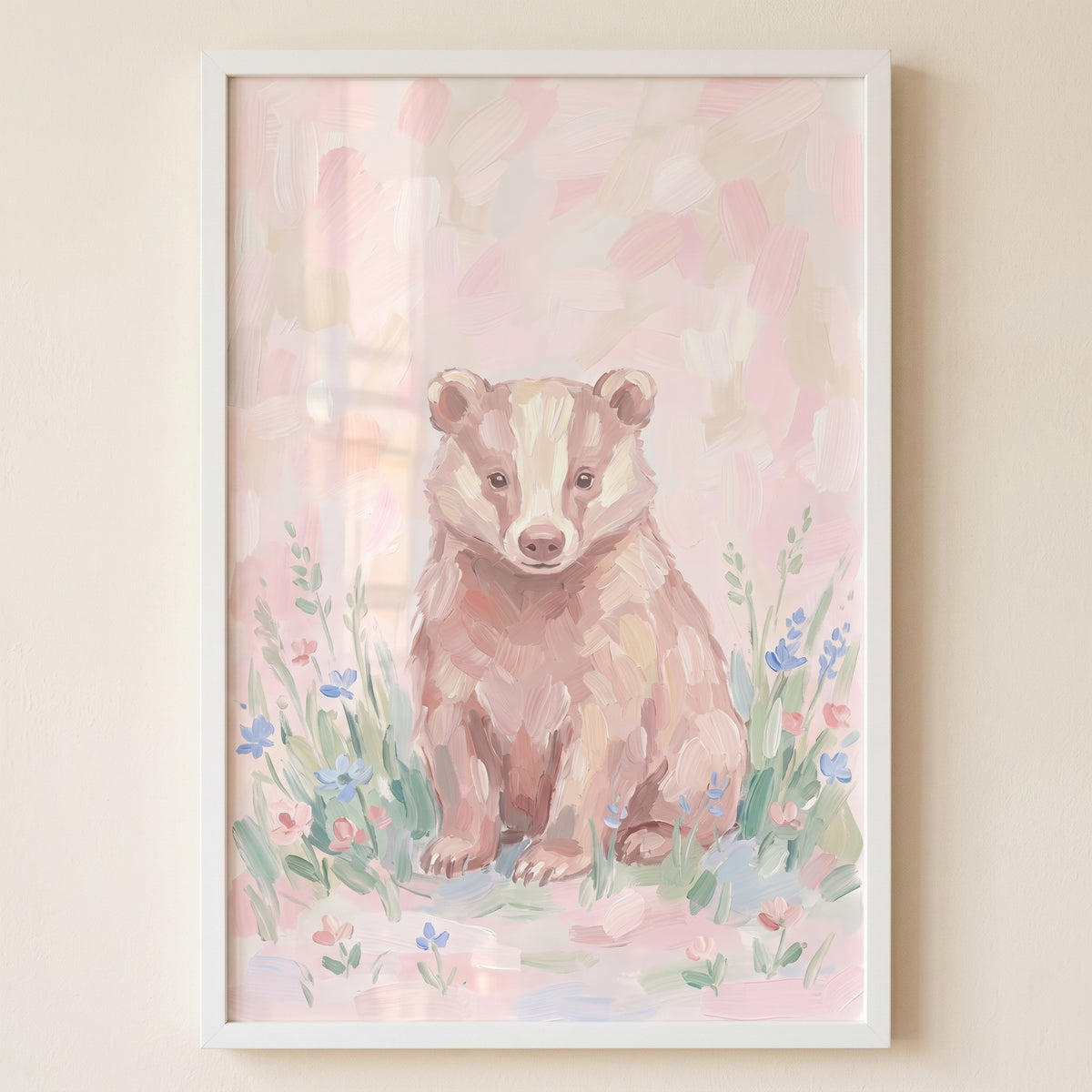 Framed soft pink floral badger animal wall art featuring a cute badger sitting in a field of pastel flowers.