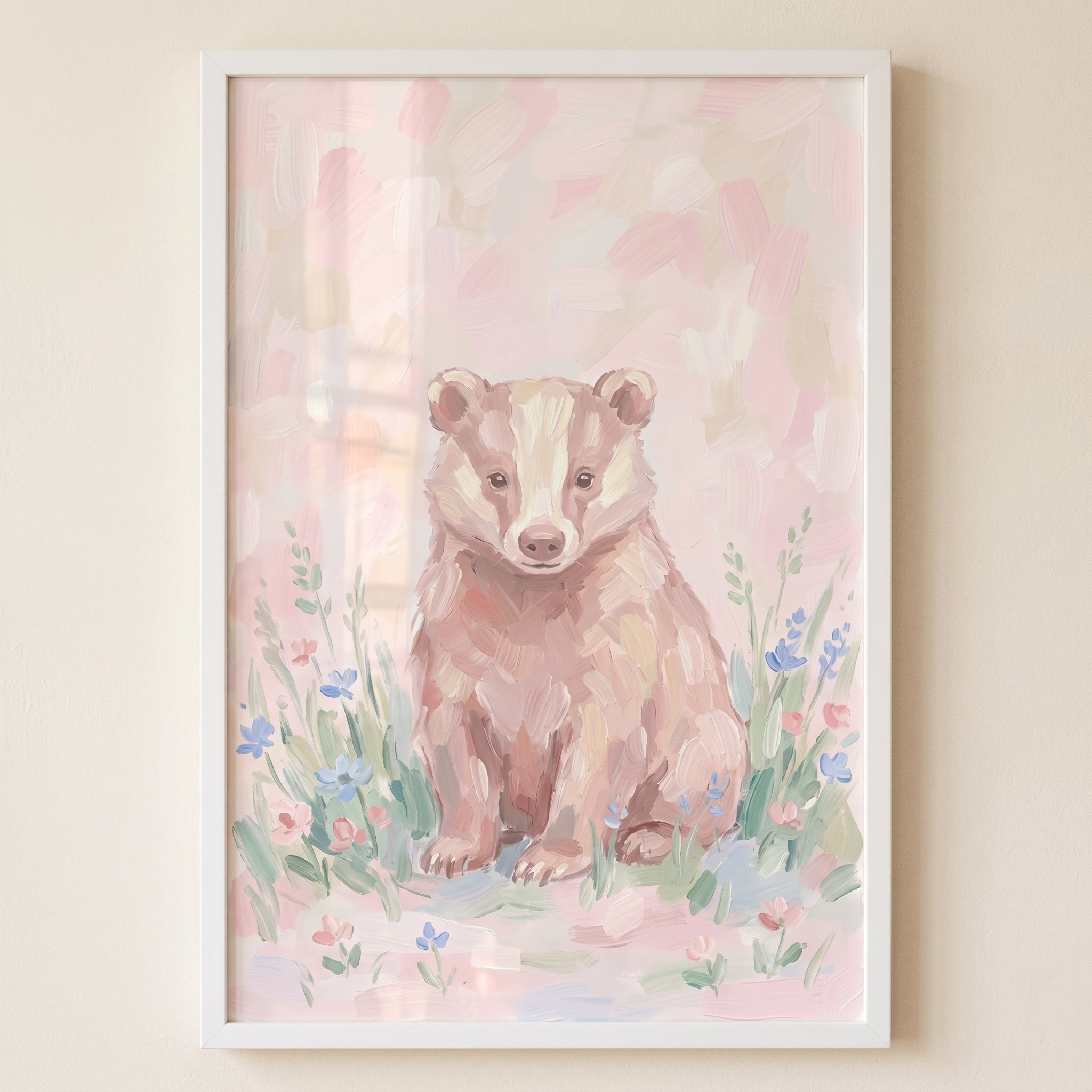 Soft Pink Floral Badger Animal Wall Art - Pastel Meadow Badger