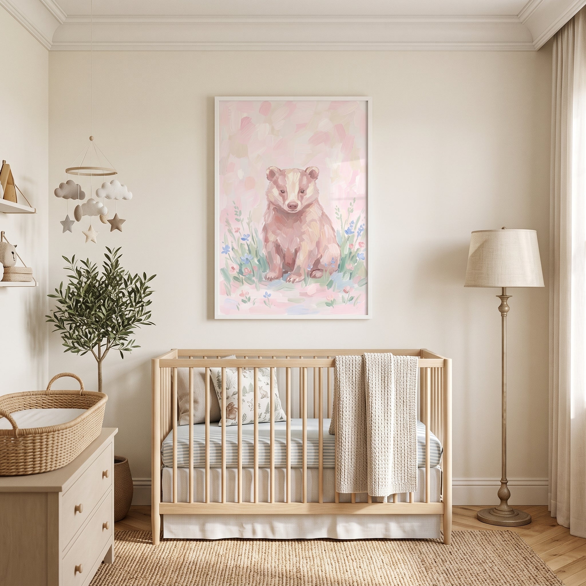 Soft Pink Floral Badger Animal Wall Art - Pastel Meadow Badger