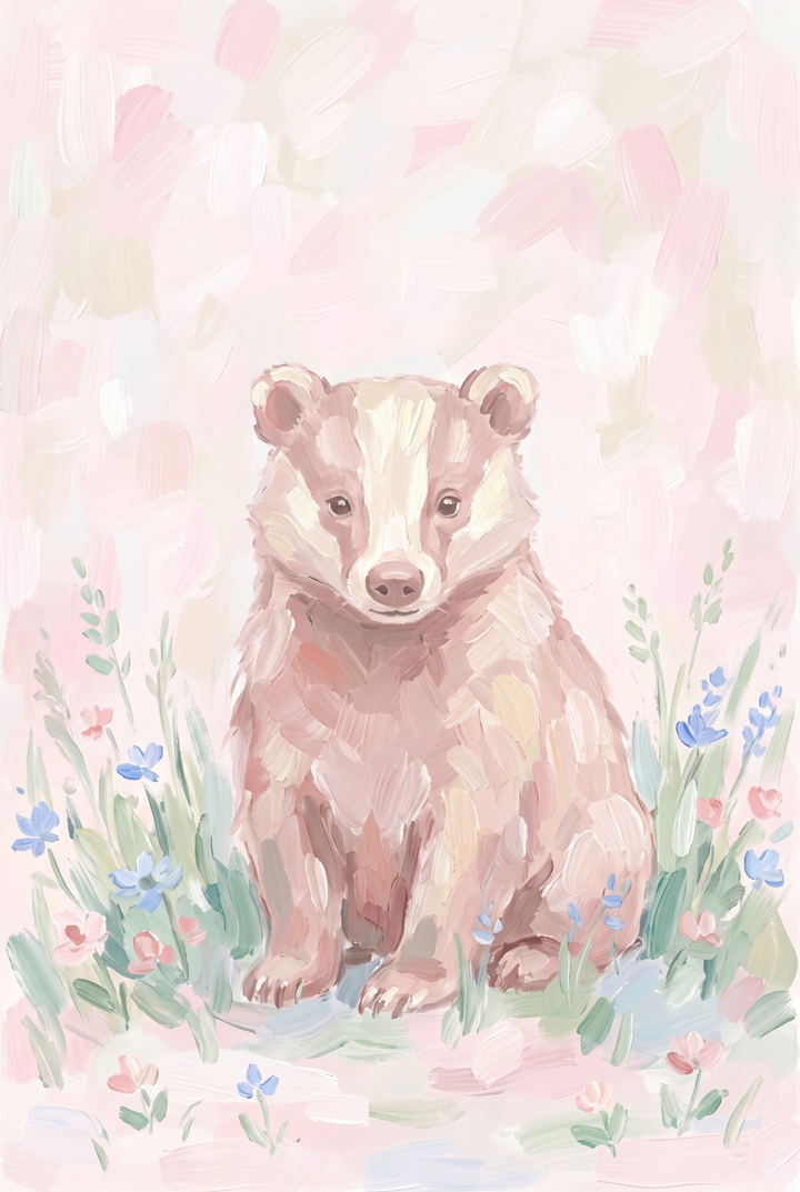 Impressionistic soft pink floral badger animal wall art surrounded by light blue and pink wildflowers.