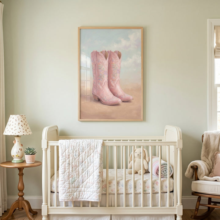 Soft pink floral boots wall art hangs above a white crib in a nursery with a floral lamp and wooden rocking chair.