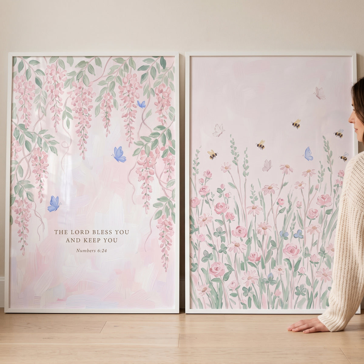 soft pink floral garden wall art set of 2 featuring wisteria, wildflowers, butterflies, and a scripture verse.