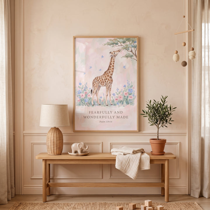 Soft pink floral giraffe wall art hangs above a wooden bench with a lamp, potted plant, and small elephant figurine.