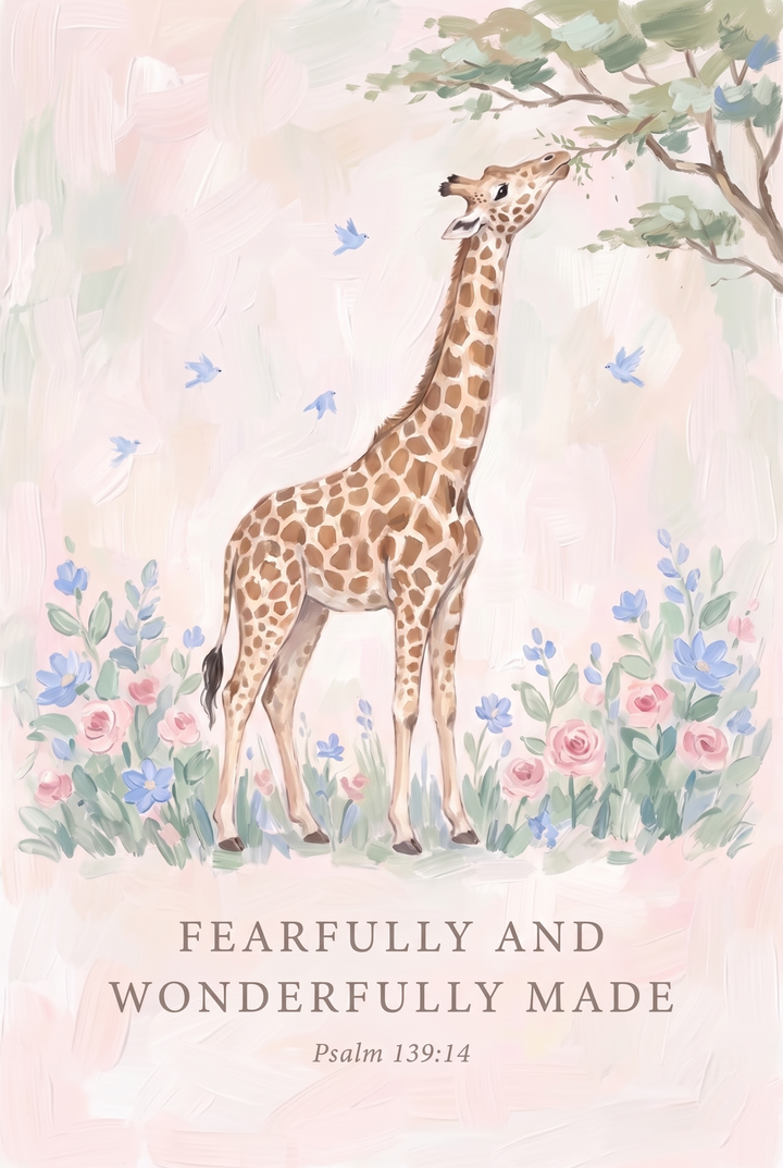 Giraffe eating leaves in soft pink floral giraffe wall art with text Fearfully and Wonderfully Made, Psalm 139:14.