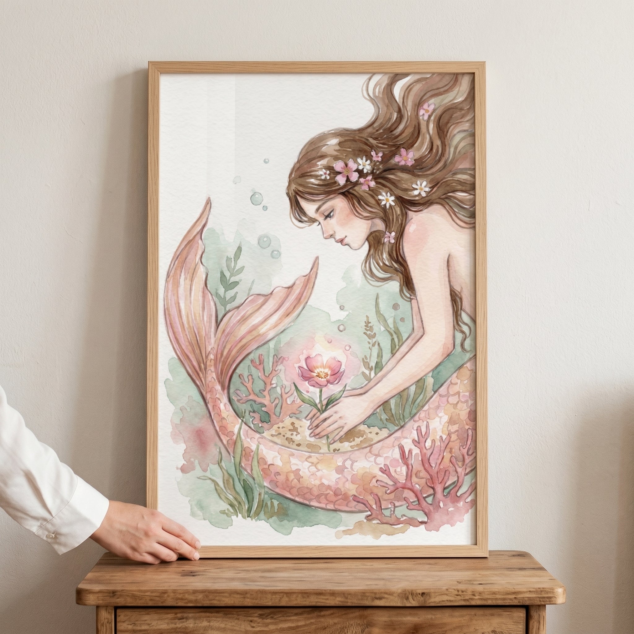 Soft Pink Flower Mermaid Wall Art - Deep Sea Blossom