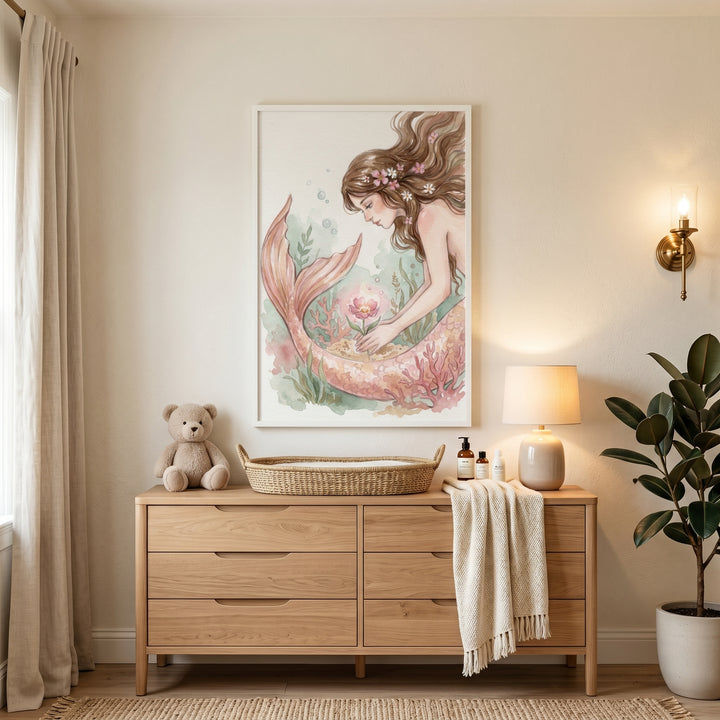Soft pink flower mermaid wall art above a wooden dresser with a teddy bear, woven basket, lamp, and large potted plant.