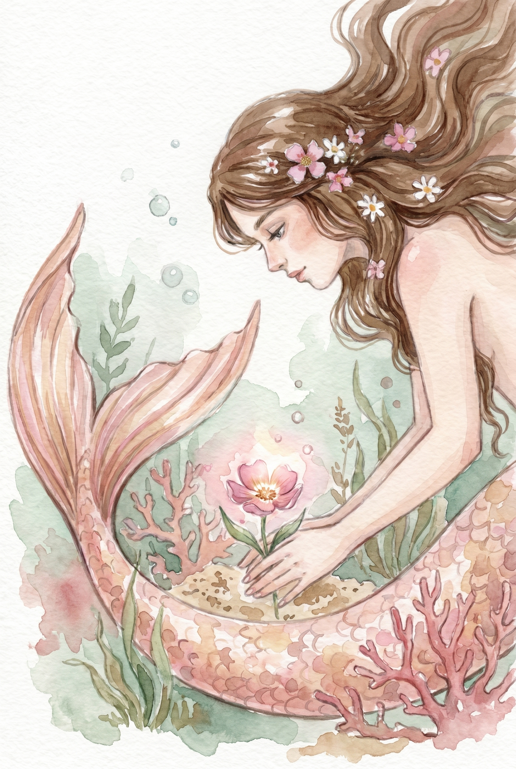 Soft Pink Flower Mermaid Wall Art - Deep Sea Blossom