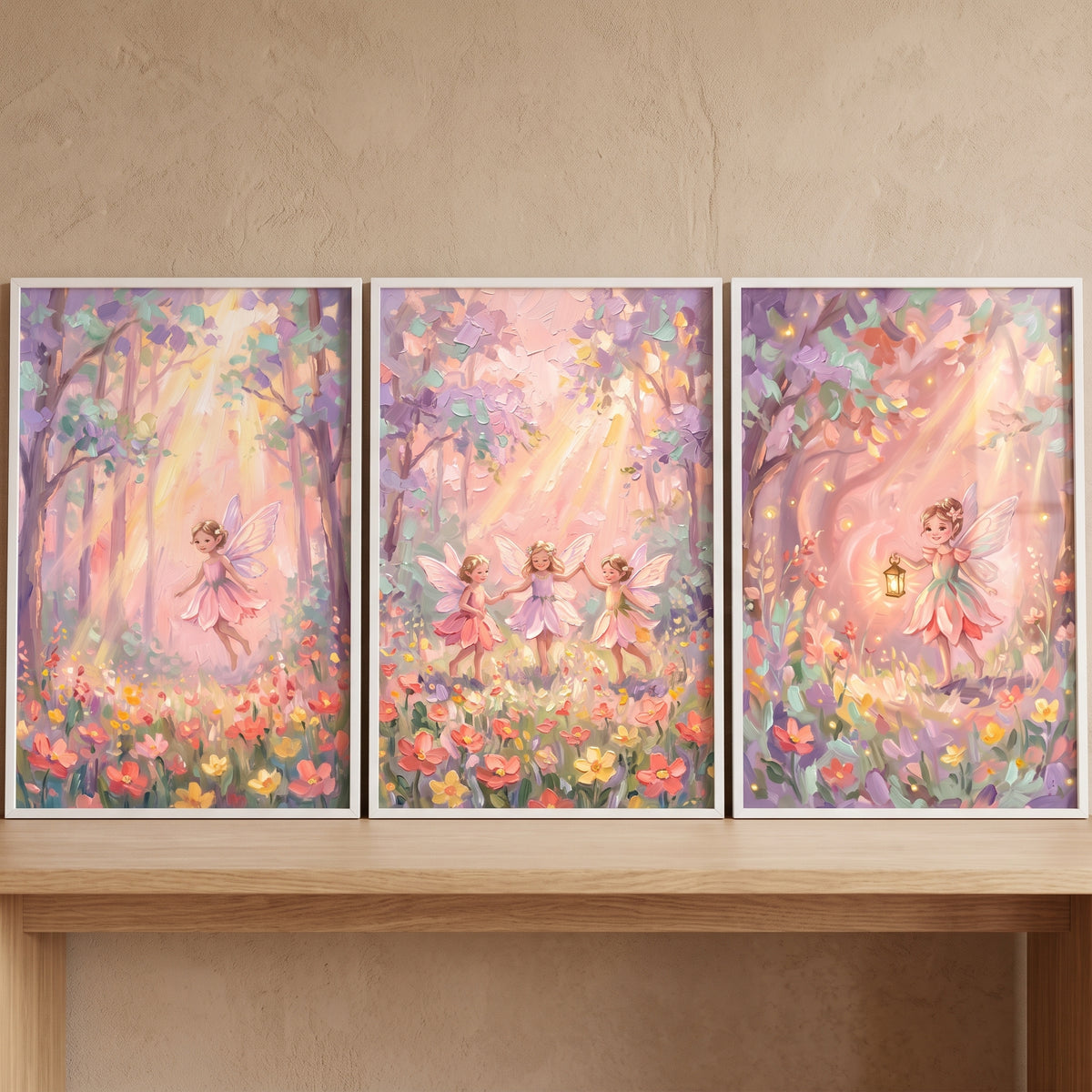 Soft pink forest fairy wall art set of 3 featuring winged figures and sunbeams in a pastel, flowery enchanted forest.