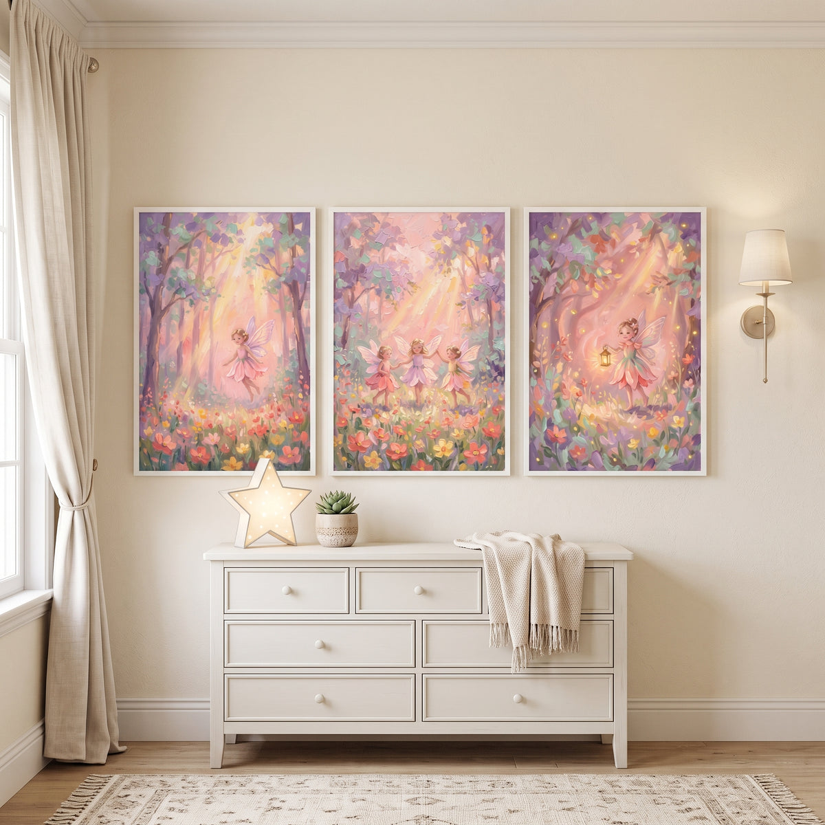 Soft Pink Forest Fairy Wall Art Set of 3 - Pastel Garden Sprites