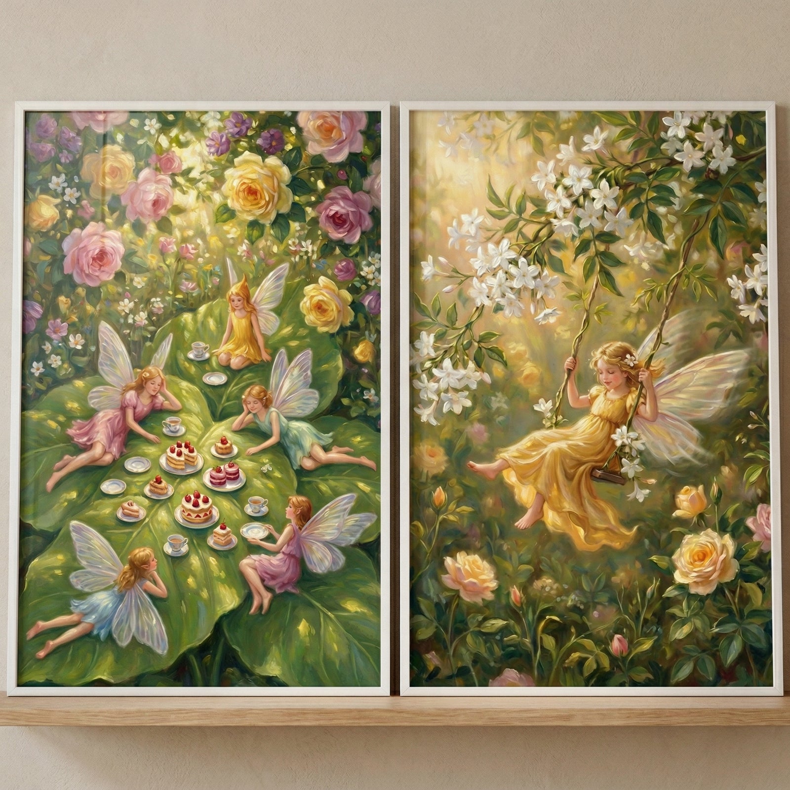 A diptych of whimsical illustrations featuring small, winged sprites in an enchanting garden. 

On the left, several sprites gather for a miniature tea party on the surface of a large, lush green leaf. They are surrounded by a vibrant thicket of blooming roses in shades of soft pink, golden yellow, and lavender.